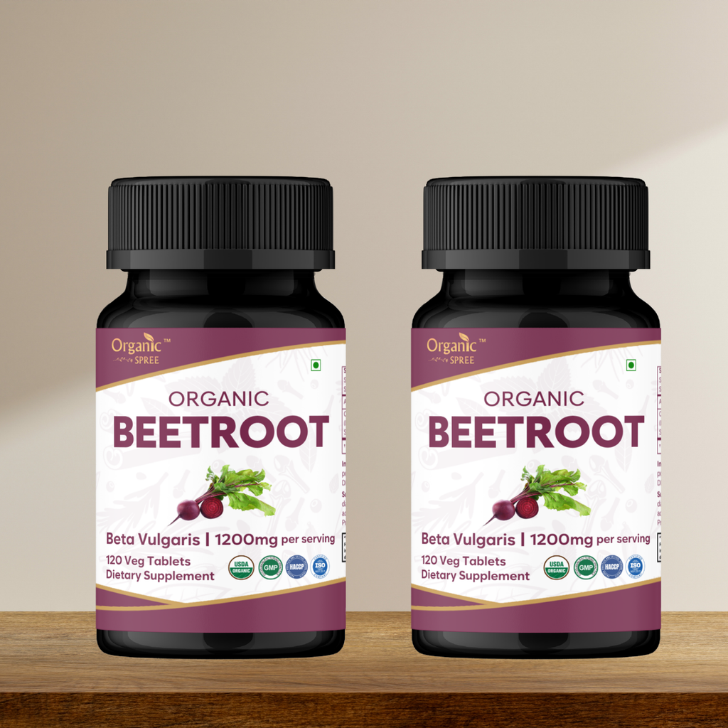 Two bottles of Organic Beetroot supplement on a wooden surface with a beige background