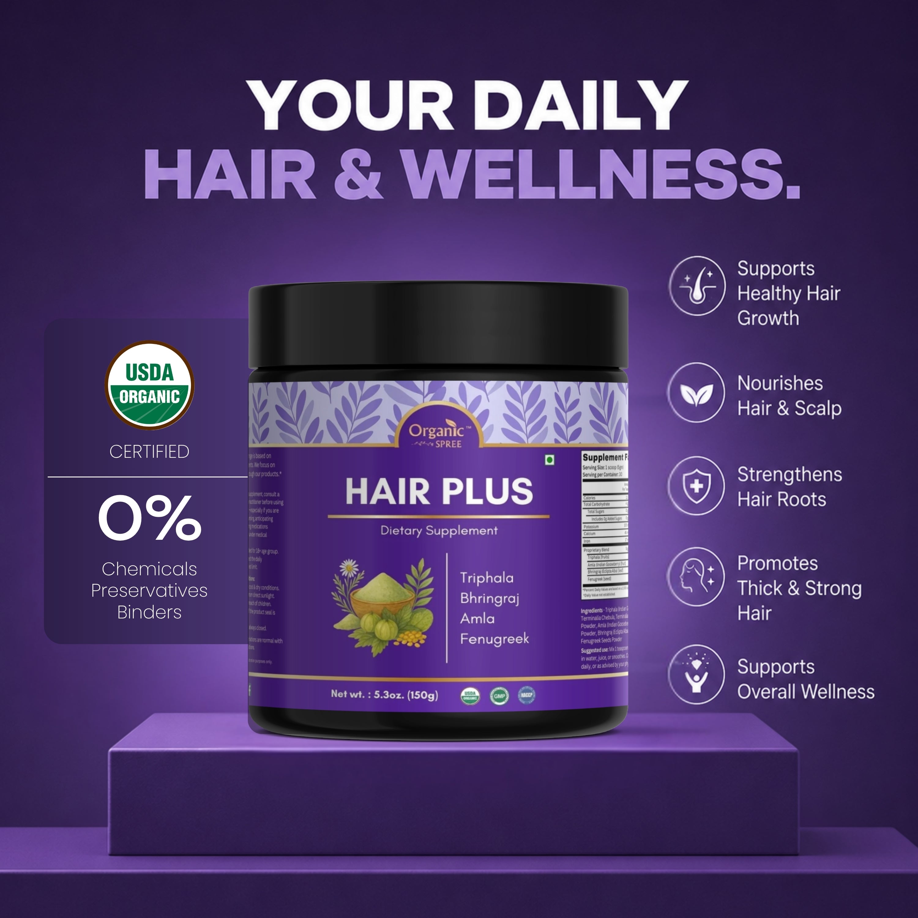 Organic Spree Hair Plus Powder – 150 gm (5.3oz) | USDA Organic Certified