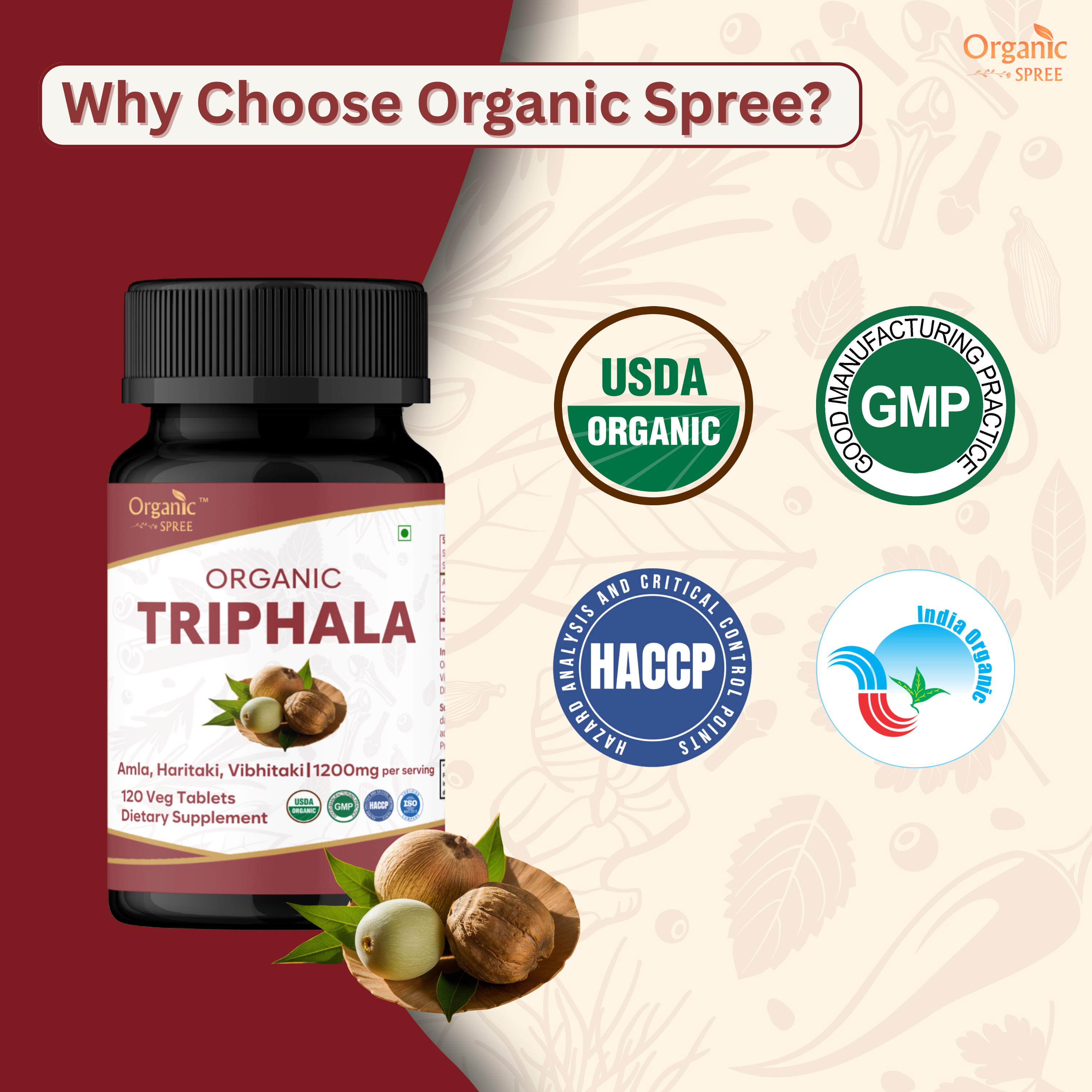 Organic Spree Triphala 120 Tablets | USDA Organic Certified