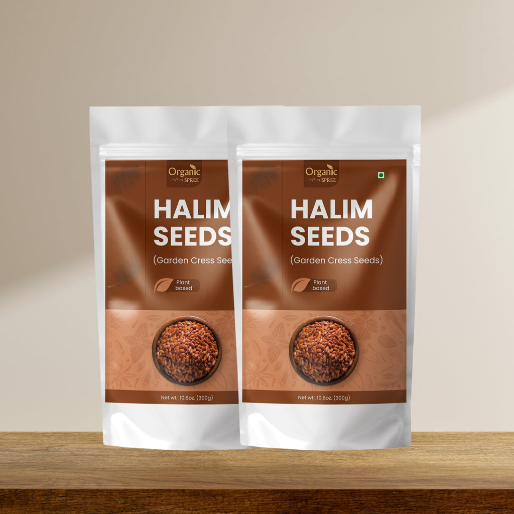 Two packages of Organic Halim Seeds on a wooden surface with a beige background