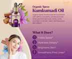 Promotional image of Organic Spree Kumkumadi Oil with product, woman, and text on a beige and purple background.
