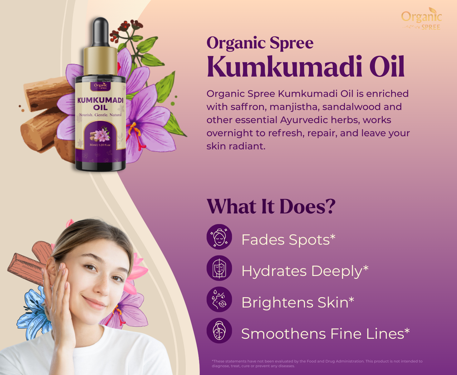 Promotional image of Organic Spree Kumkumadi Oil with product, woman, and text on a beige and purple background.