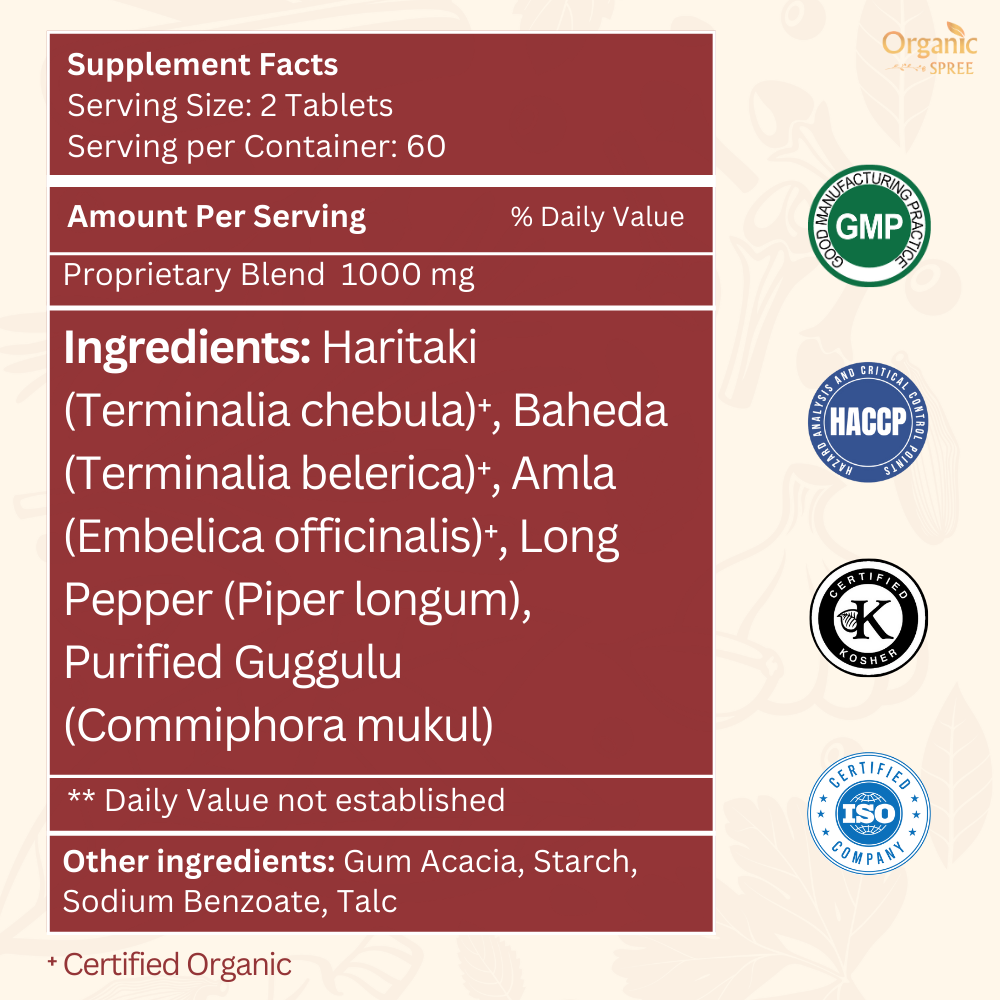 Organic Spree Triphala Guggulu 120 Tablets - GMP Certified