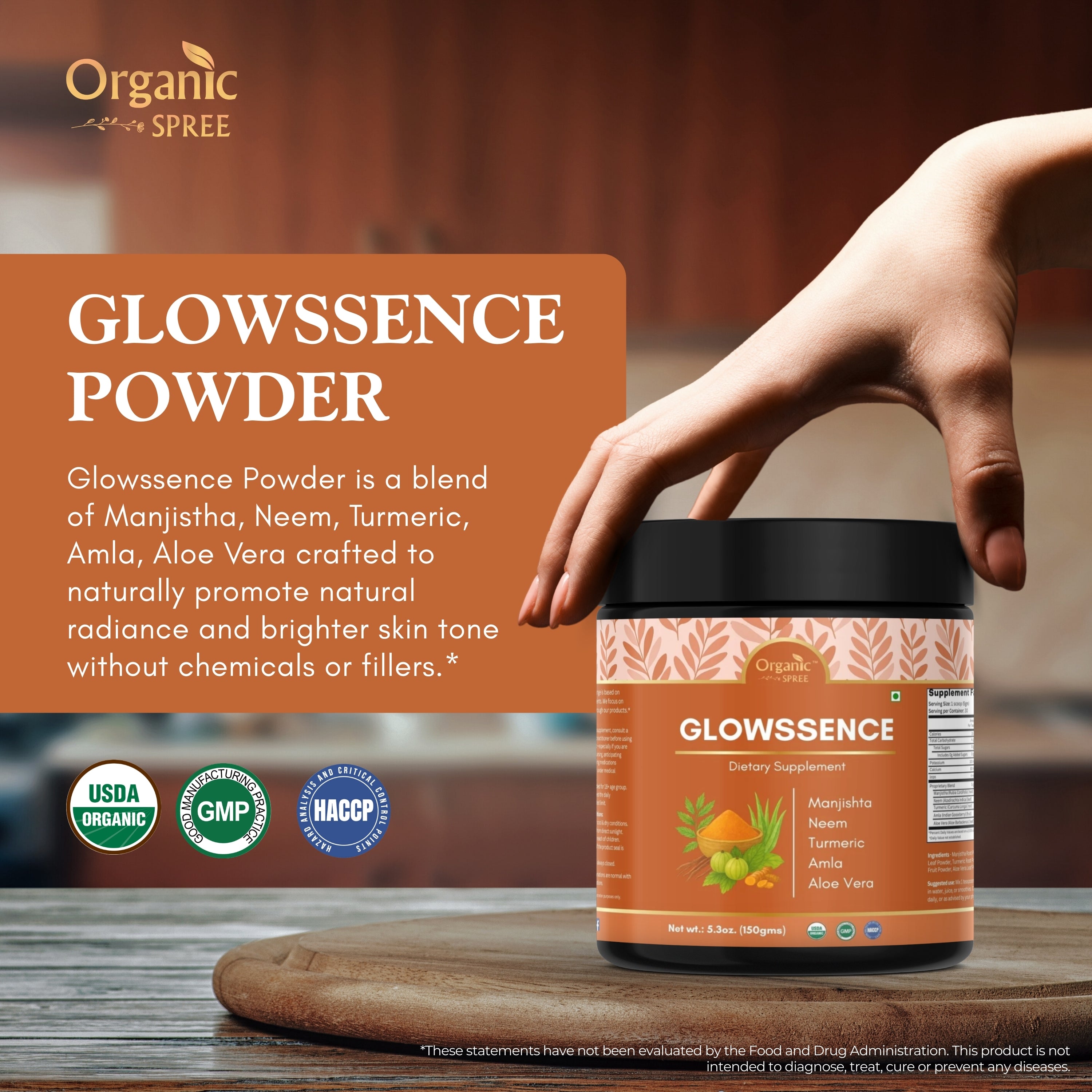 Glowssence Powder 150g jar – USDA Organic certified herbal supplement for radiant skin