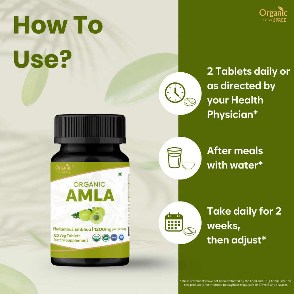 How to use Amla tablets – take 2 daily with water to support immunity and natural gut health
