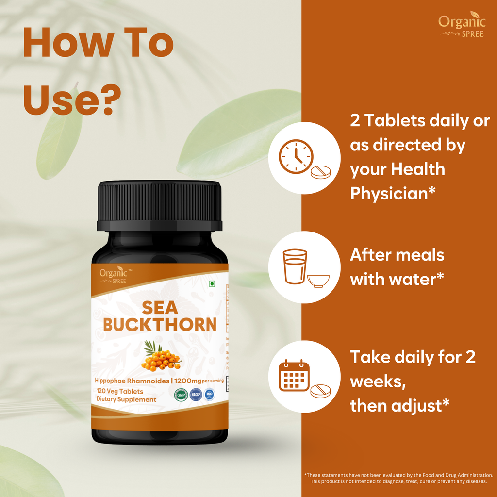 How to take Sea Buckthorn tablets – 2 tablets daily with meals for skin and immunity support

