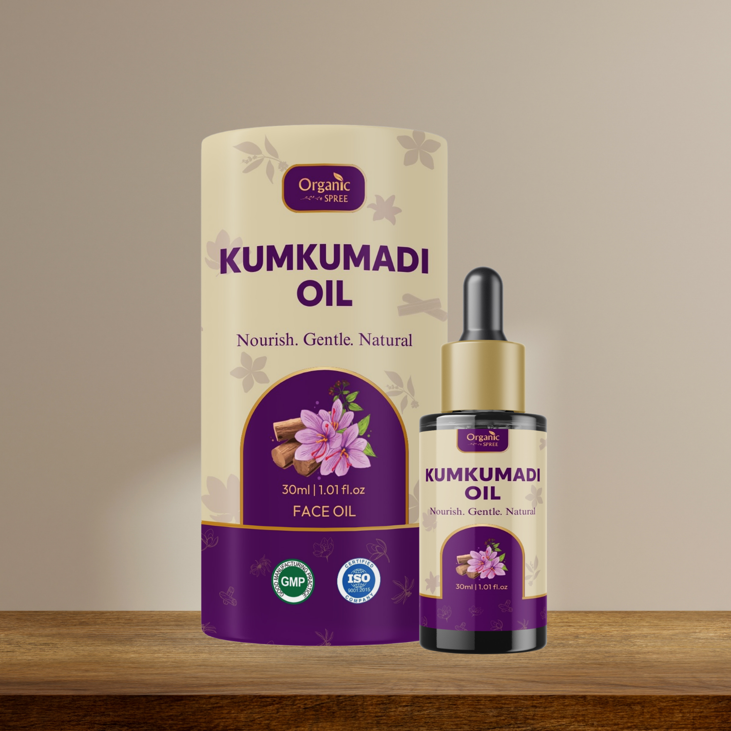 Kumkumadi oil packaging with dropper on a wooden surface and beige background