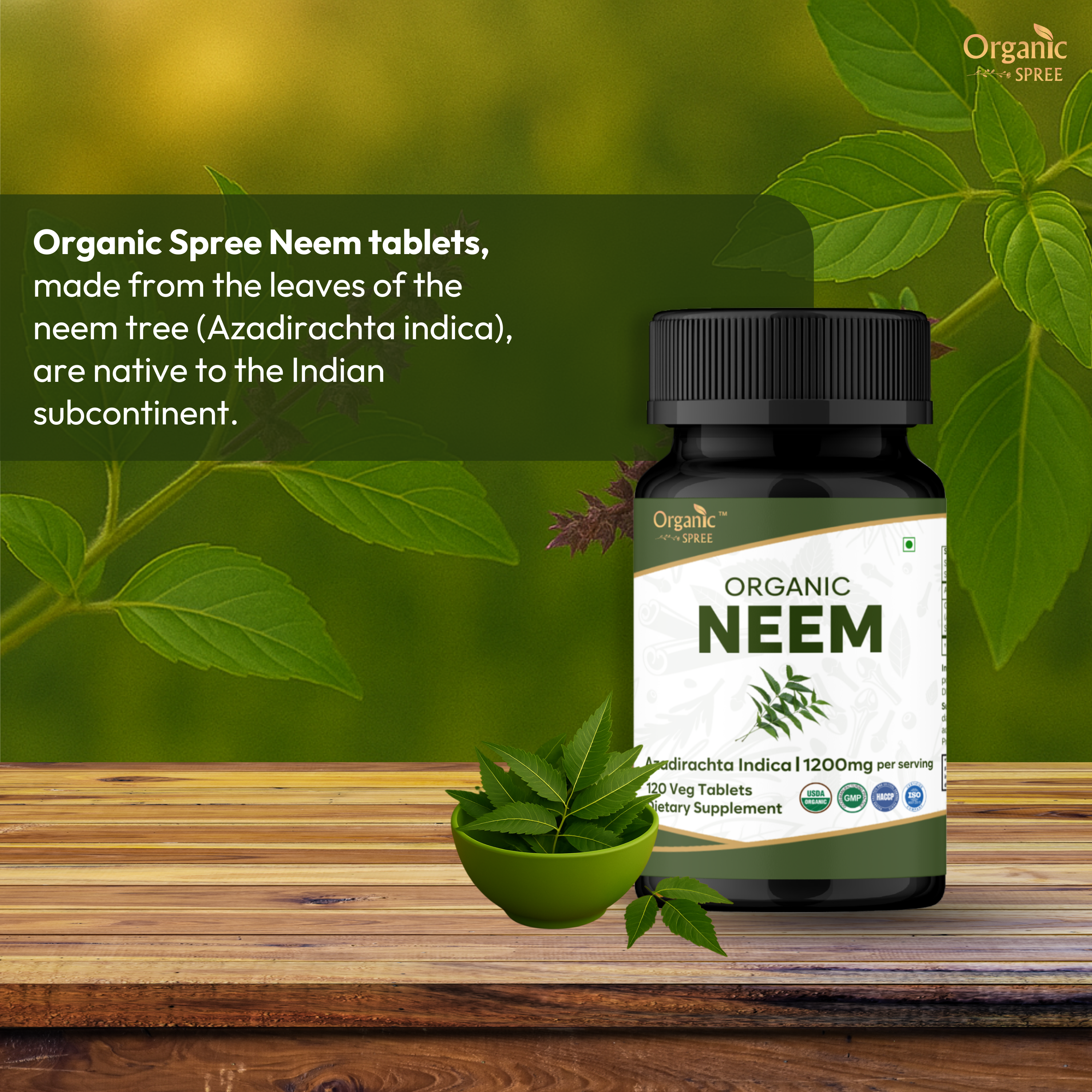 Neem 120 Tablets bottle – USDA Organic and GMP certified neem supplement for skin and immunity
