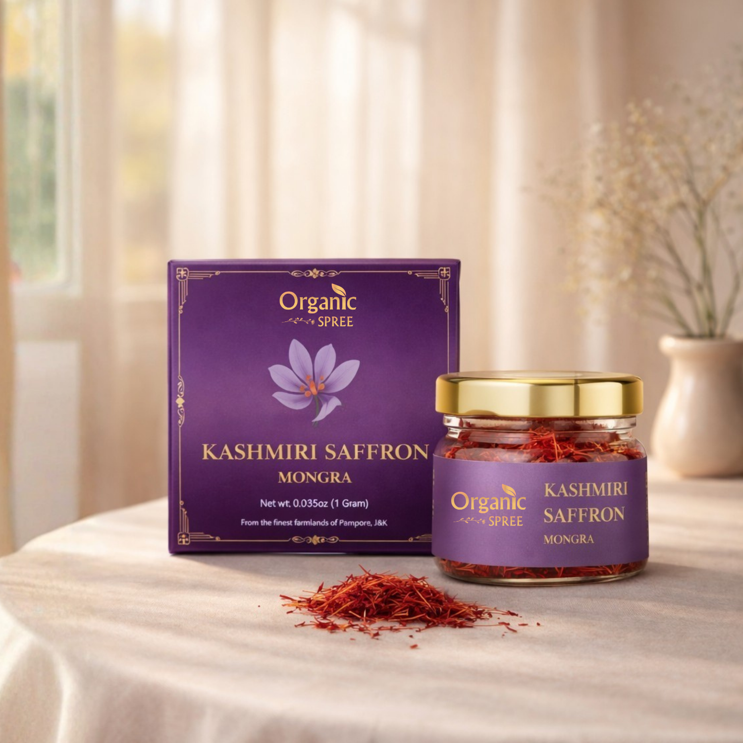 Organic Spree Kashmiri Saffron Kesar 1gm – Grade A+ Mongra saffron threads from Pampore, J&K
